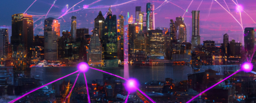 city skyline with buildings connect by a network
